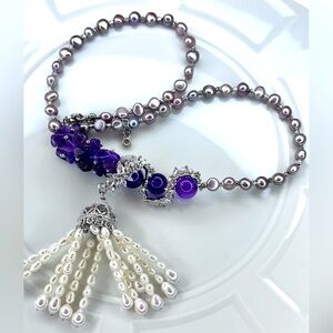 Handmade Freshwater Cotton Candy 🍭 Pearl 💎 Amethyst Tassel Pendant Necklace